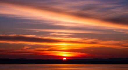 Vibrant sunset painting the sky with hues of orange, purple and red over tranquil water creating a