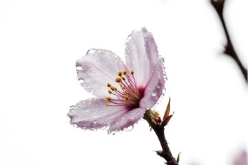 Naklejka premium Single pink flower with dew drops on white background.