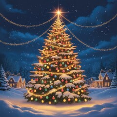 “Beautifully Decorated Christmas Tree at Night with Lights and Snow – Magical Holiday Scene”