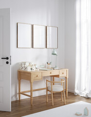 Plakat 3 frame mockup in teenager room, unisex interior, Scandinavian style, 3d render