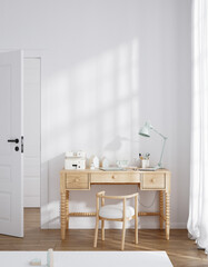 Wall mockup in teenager room, unisex interior, Scandinavian style, 3d render