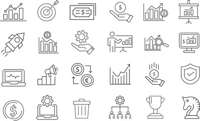 Business Icon Set – Finance, Management, and Office Line Vector Collection