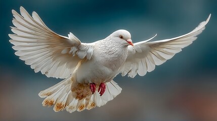 Fototapeta premium White dove in flight with wings spread wide.