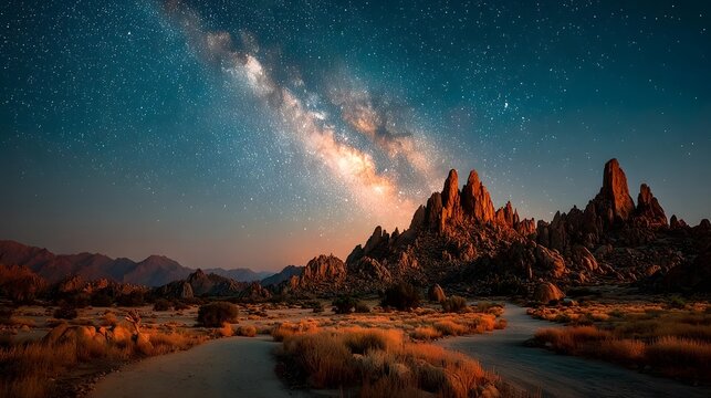Milky Way over rocky desert mountains at night.