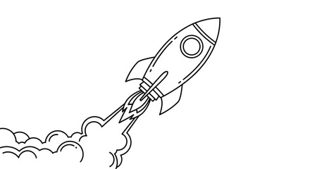 Line art illustration of a retro rocket ship launching into space with smoke trails