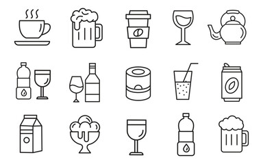 Drink Icon Set – Beverage, Coffee, and Cocktail Line Vector Collection