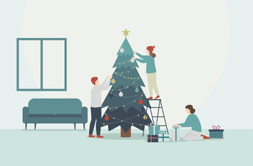 室内でクリスマスツリーを飾る人々のフラットイラスト