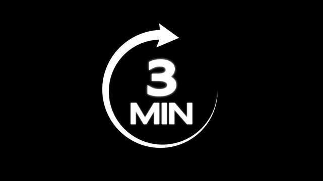 arrow refresh icon and 3 min timer icon animation on black background. Circular arrow timer icon 3 Min animation. 2 Minutes Time Loop Motion Design