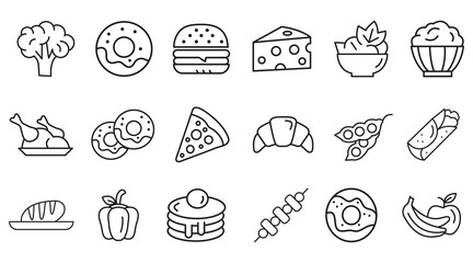 Food and Meat Line Icons Set — Breakfast, Lunch, Dinner, and Fast Food Collection.eps