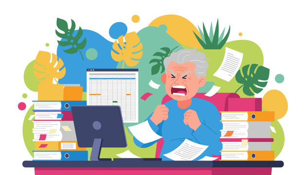 Senior man stressed and shouting at his desk overwhelmed by paperwork Burnout