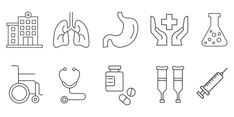 Hospital Icon Set – Medical, Health Care, and Clinic Line Vector Collection