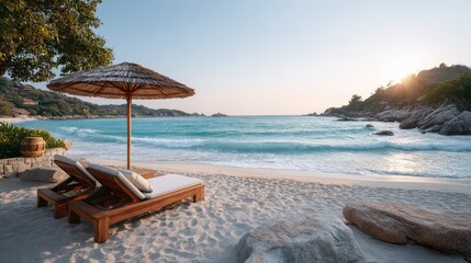 Two Wooden Lounge Chairs Under a Straw Umbrella on a White Sand Beach Facing the Turquoise Ocean at Sunset with Lush Green Hills in the Background