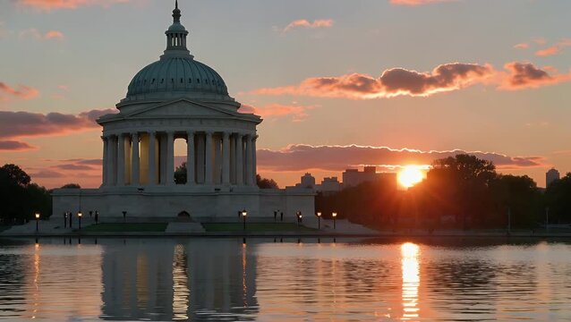 neoclassical monument building during the sunset hour with a focused spotlight effect and its mirror image reflected on the surface of a body of
