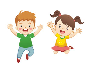happy cute kids boy and girl jump