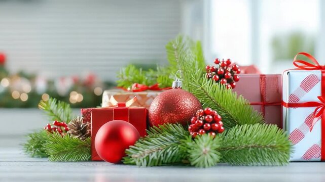 Festive Gifts and Decorations: Christmas presents nestled amidst seasonal ornaments and greenery. A visual ode to the holiday spirit