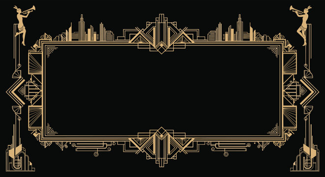 Elegant Art Deco frame featuring a golden geometric design, city skyline, and jazz-era flapper musicians against a dark background.