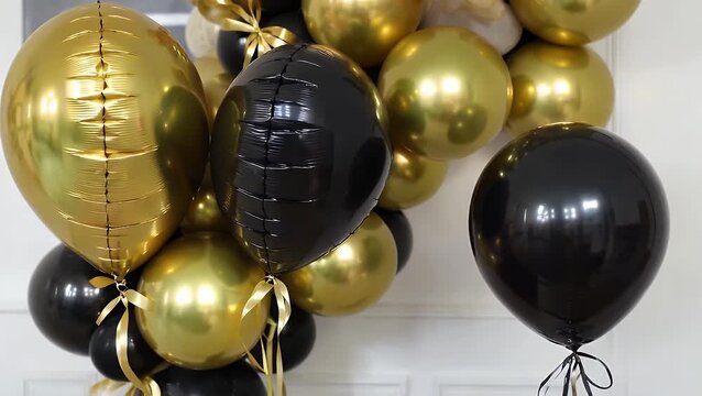 Display of Multiple Balloons in Dark Tones and Metallic Gold Hues for a Commencement