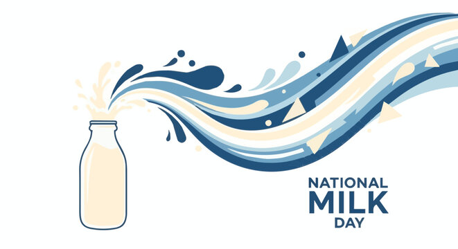 National Milk Day design with an abstract blue and beige milk splash swirl and "National Milk Day" text