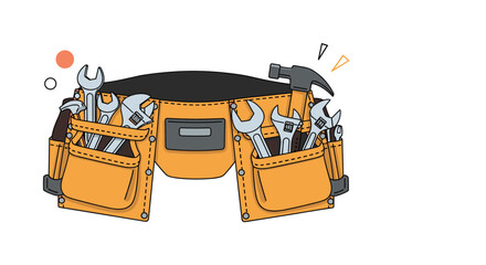 An illustration of a bright orange and black tool belt packed with essential hand tools like wrenches and a hammer, representing repair, maintenance, and construction.