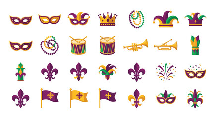 Naklejka premium A vibrant collection of Mardi Gras celebration icons and symbols, featuring masks, beads, and fleur-de-lis in traditional festive colors.