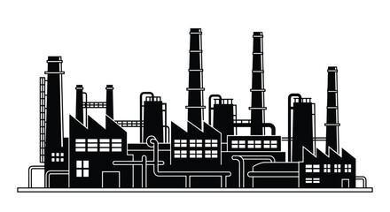 Obraz premium A detailed silhouette illustration of a large industrial factory complex with multiple buildings, tall smokestacks, and interconnected piping.