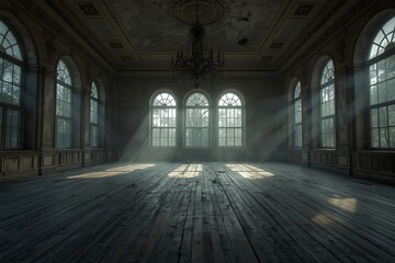 Fototapeta premium A dusty ballroom bathed in moonlight and mist. The gothic windows and silent air create a cinematic and eerie atmosphere. 