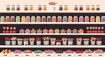 A vibrant pixel art illustration of a candy store, featuring shelves stocked with colorful jars of sweets, lollipops, and bulk candies.
