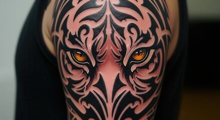 Striking tiger tattoo design on arm with intricate black tribal patterns