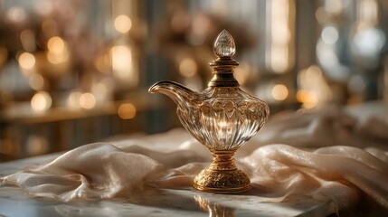Elegant Glass Oil Lamp with Golden Accents on Silk Fabric