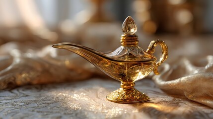 Decorative Golden Vintage Lamp on a Soft Fabric Background