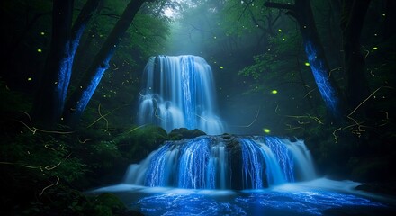 Mystical Blue Waterfall Glowing in a Dark Enchanted Forest.