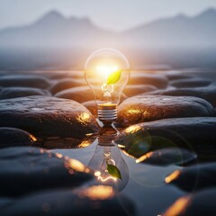 Illuminating a Green Future: Light Bulb and Leaf Symbolize Clean Energy