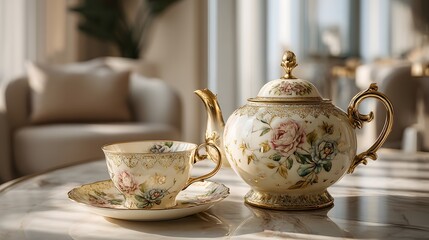 Elegant Vintage Tea Set with Floral Design on Marble Table