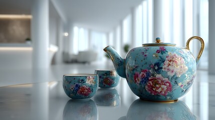 Elegant Tea Set with Floral Design on Table in Modern Interior