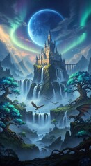 Ethereal castle landscape with majestic waterfalls and aurora lights