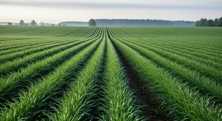 Serene field of young wheat crops under the morning light at dawn