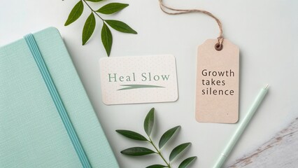 Calm workspace scene with green leaves, notebook, motivational tag and card promoting healing, growth and mindfulness in a serene atmosphere
