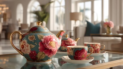 Elegant Floral Tea Set on Glass Table in Luxurious Living Space
