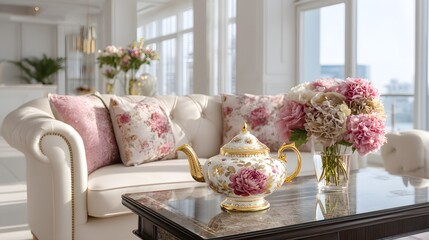 Elegant Teapot and Bouquet in Luxurious Living Room Setting