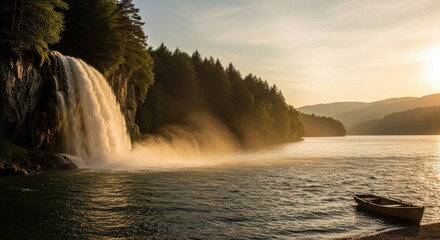 Serene Waterfall and Lake Scene at Sunset with a small wooden boat