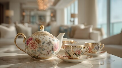 Elegant Vintage Teapot and Teacups with Floral Design in Luxurious Setting