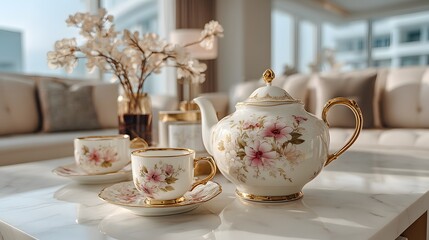 Elegant vintage tea set with floral design on marble table