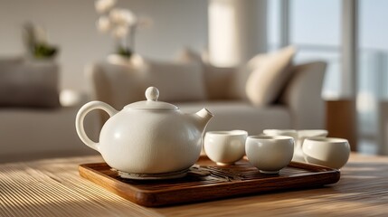 Cozy Tea Set on Wooden Tray in Modern Living Room Interior