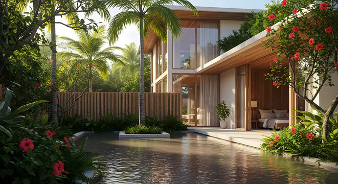 Modern tropical resort villa exterior surrounded by a tranquil garden and reflective water pool in a luxury setting - Powered by Adobe