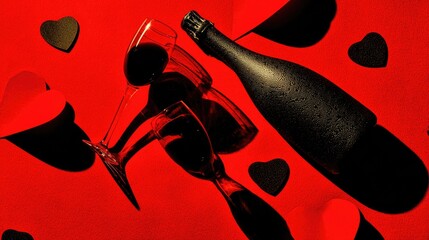 Romantic Valentine's Day Celebration with Wine and Hearts on Red Background