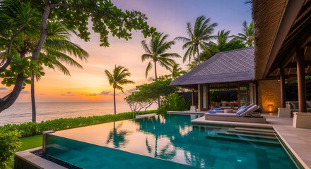 Fototapeta premium Experience Paradise A Stunning Tropical Resort Villa Exterior with Infinity Pool at Sunset