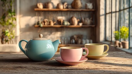 Colorful Teapot and Cups on Rustic Table in Cozy Kitchen Setting
