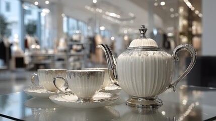 Elegant Tea Set with Silver Detailing in Modern Boutique Setting
