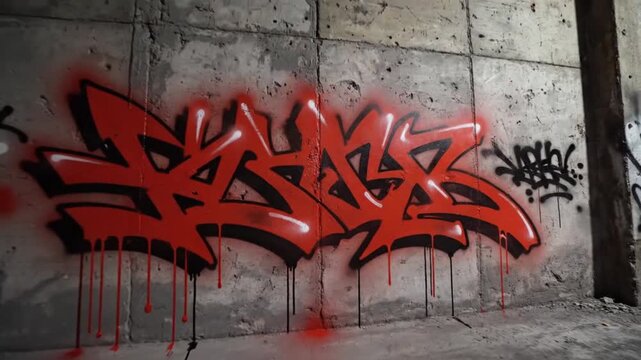 Vibrant Red Graffiti Art Adorns Urban Alley Wall at Night.