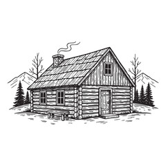 Rustic Log Cabin Pine Trees Mountain Engraving Vector Illustration